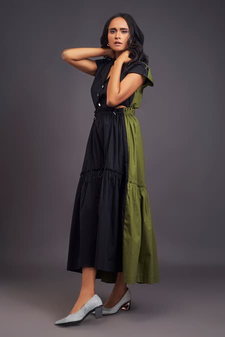 Deepika Arora Black Cotton Collared Color Blocked Tiered Long Dress Online at Aza Fashions Deepika Arora_Black Cotton Collared Color Blocked Tiered Long Dress _Online_at_Aza_Fashions