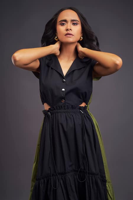 Buy Deepika Arora Black Cotton Collared Color Blocked Tiered Long Dress Online at Aza Fashions Buy_Deepika Arora_Black Cotton Collared Color Blocked Tiered Long Dress _Online_at_Aza_Fashions