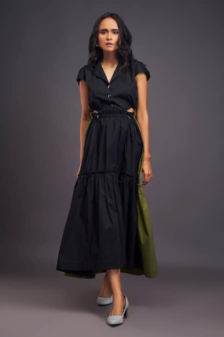 Shop Deepika Arora Black Cotton Collared Color Blocked Tiered Long Dress Online at Aza Fashions Shop_Deepika Arora_Black Cotton Collared Color Blocked Tiered Long Dress _Online_at_Aza_Fashions