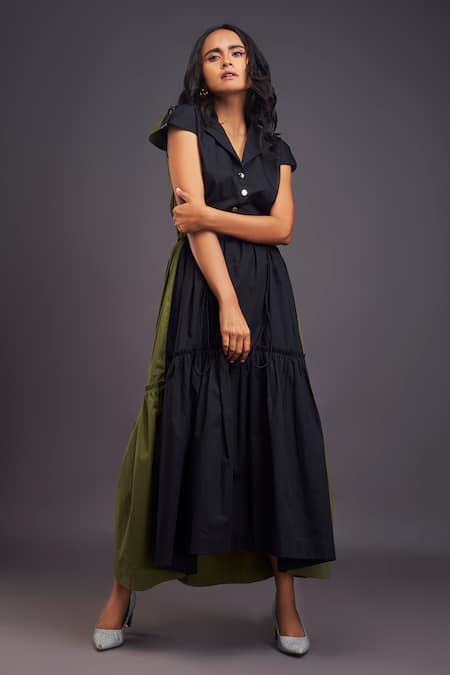 Deepika Arora Black Cotton Collared Color Blocked Tiered Long Dress at Aza Fashions Deepika Arora_Black Cotton Collared Color Blocked Tiered Long Dress _at_Aza_Fashions