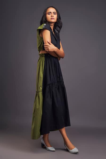 Buy Deepika Arora Black Cotton Collared Color Blocked Tiered Long Dress Buy_Deepika Arora_Black Cotton Collared Color Blocked Tiered Long Dress