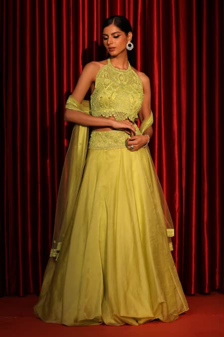 Swati Wadhwani Couture_Yellow Organza, Net Embroidery Halter Neck Floral Hand Lehenga Set _Online_at_Aza_Fashions