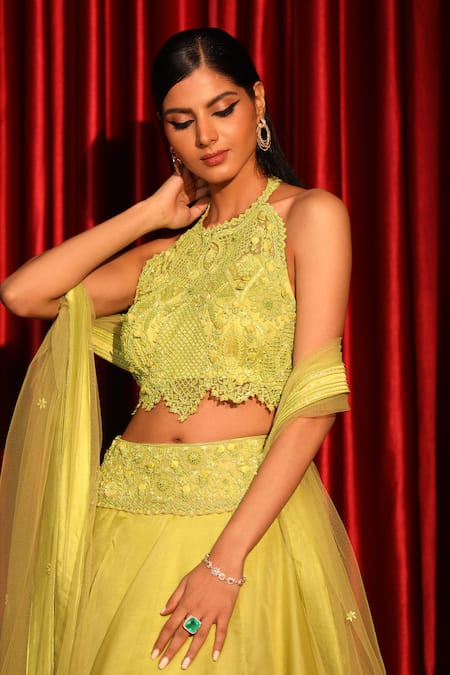 Shop_Swati Wadhwani Couture_Yellow Organza, Net Embroidery Halter Neck Floral Hand Lehenga Set _Online_at_Aza_Fashions