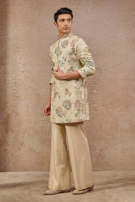 Tarun Tahiliani_Beige Jacquard Embroidery Floral Print And Threadwork Kurta _Online_at_Aza_Fashions