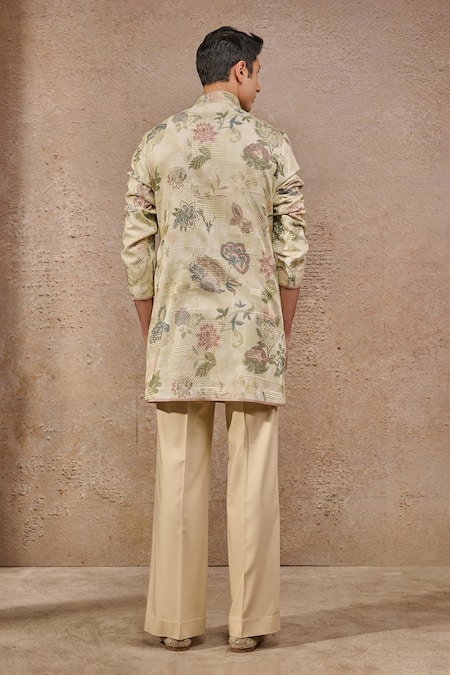 Shop_Tarun Tahiliani_Beige Jacquard Embroidery Floral Print And Threadwork Kurta _at_Aza_Fashions