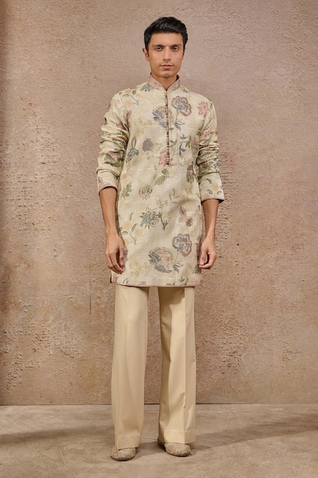 Buy_Tarun Tahiliani_Beige Jacquard Embroidery Floral Print And Threadwork Kurta _Online_at_Aza_Fashions