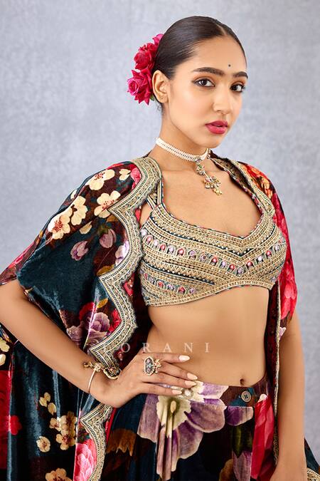 Shop_Torani_Blue Velvet And Crepe Digital Print, Shabnami Mehreen Cape & Sharara Set _Online_at_Aza_Fashions