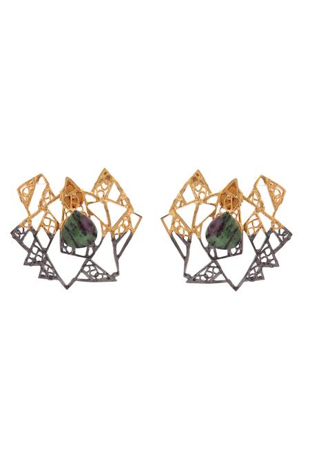 Trupti Mohta_Gold Plated Stones And Rhodium Triangle Stud Earrings _Online_at_Aza_Fashions