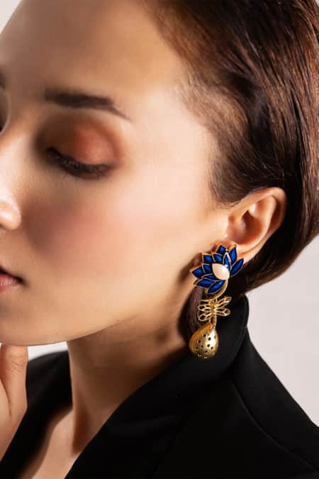 Trupti Mohta Blue Embroidery Midnight Enamelled Drop Earrings 