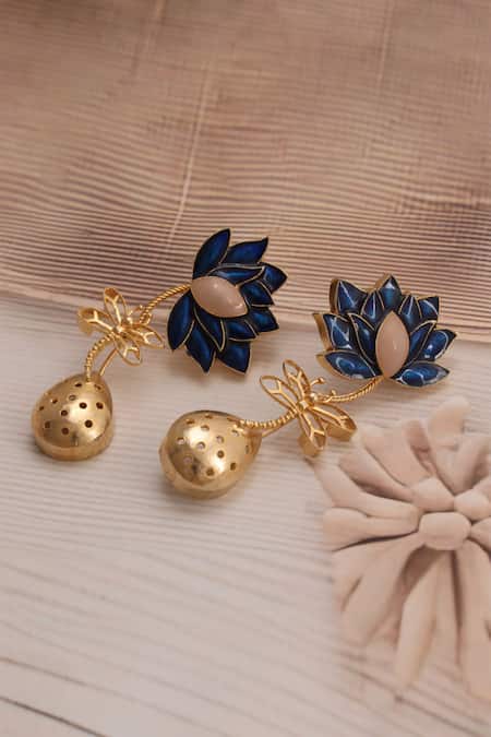 Shop Trupti Mohta Blue Embroidery Midnight Enamelled Drop Earrings at Aza Fashions Shop_Trupti Mohta_Blue Embroidery Midnight Enamelled Drop Earrings _at_Aza_Fashions