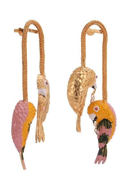 Trupti Mohta_Gold Plated Enamelled Soaring Affection Parakeet Earrings _Online_at_Aza_Fashions