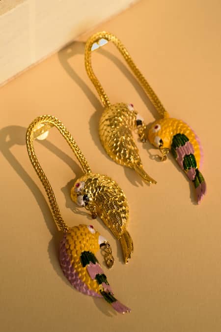 Shop Trupti Mohta Gold Plated Enamelled Soaring Affection Parakeet Earrings at Aza Fashions Shop_Trupti Mohta_Gold Plated Enamelled Soaring Affection Parakeet Earrings _at_Aza_Fashions
