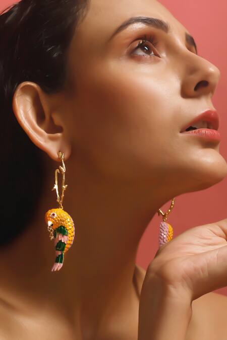 Buy_Trupti Mohta_Gold Plated Embroidery Enamelled Birdy Finesse Earrings _Online_at_Aza_Fashions