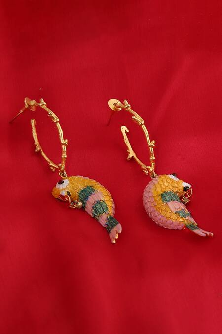 Shop_Trupti Mohta_Gold Plated Embroidery Enamelled Birdy Finesse Earrings _Online_at_Aza_Fashions