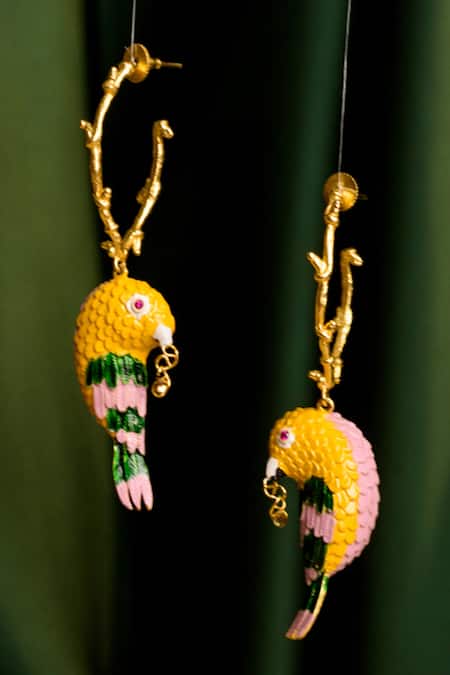 Shop_Trupti Mohta_Gold Plated Embroidery Enamelled Birdy Finesse Earrings _at_Aza_Fashions
