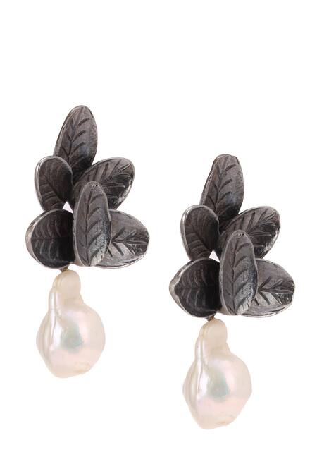 Trupti Mohta_Gray Pearls Rhodium Plated Drop Earrings _Online_at_Aza_Fashions