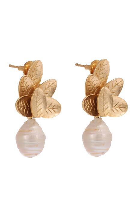 Trupti Mohta_Gold Plated Pearls Grace Goddess Leaf Drop Earrings _Online_at_Aza_Fashions