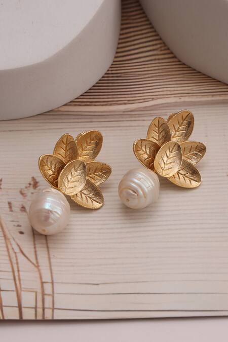 Trupti Mohta Grace Goddess Leaf Pearl Drop Earrings 