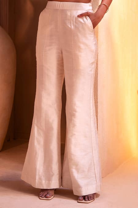 Maisolos_Ivory Raw Silk, Net Thread Square Neck Bloom Embroidered Crop Top Sharara Set _Online_at_Aza_Fashions