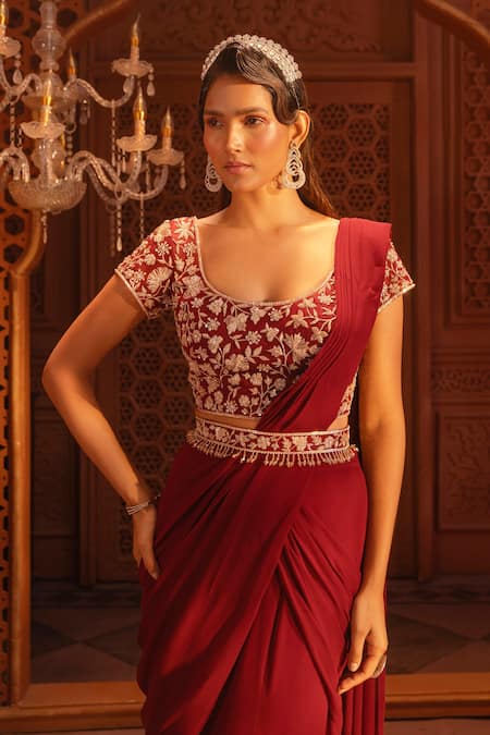 Maisolos_Maroon Net, Georgette Embroidery Scoop Neck Bloom Pre-draped Saree Set _Online_at_Aza_Fashions