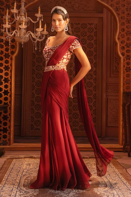 Buy_Maisolos_Maroon Net, Georgette Embroidery Scoop Neck Bloom Pre-draped Saree Set _Online_at_Aza_Fashions