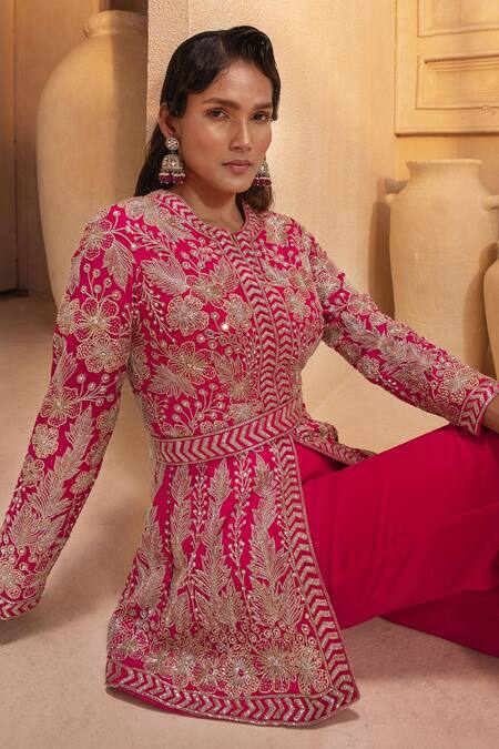 Buy_Maisolos_Pink Georgette Flora Split V Neck Embroidered Peplum Jacket And Sharara Set _Online_at_Aza_Fashions