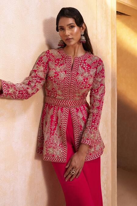 Shop_Maisolos_Pink Georgette Flora Split V Neck Embroidered Peplum Jacket And Sharara Set _Online_at_Aza_Fashions