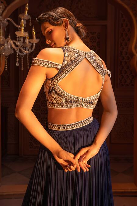 Maisolos Blue Net, Georgette Rosa Square Neck Embroidered Blouse And Pleated Lehenga Set at Aza Fashions Maisolos_Blue Net, Georgette Rosa Square Neck Embroidered Blouse And Pleated Lehenga Set _at_Aza_Fashions