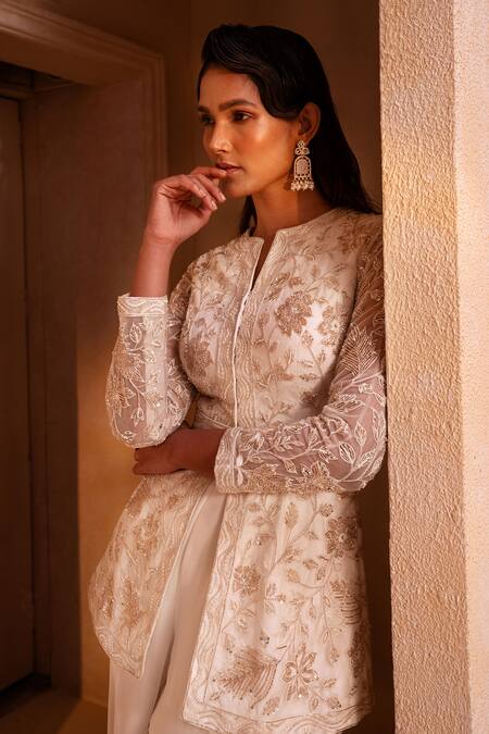 Buy_Maisolos_Ivory Net, Georgette Rosa Bloom Split V Neck Embroidered Jacket And Sharara Set _Online_at_Aza_Fashions