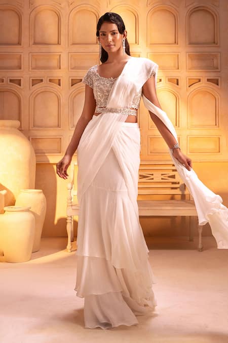 Maisolos Solid Tiered Pre-Draped Ruffle Saree Set 