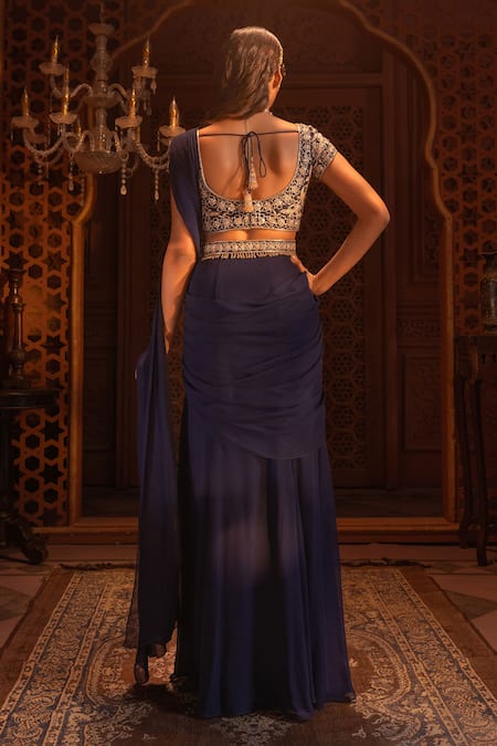 Shop Maisolos Blue Net, Georgette Embroidery Round Neck Gul Pre-draped Saree Set at Aza Fashions Shop_Maisolos_Blue Net, Georgette Embroidery Round Neck Gul Pre-draped Saree Set _at_Aza_Fashions