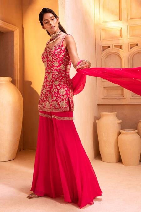 Maisolos_Pink Georgette Bahar Sweetheart Neck Embroidered Kurta Sharara Set _Online_at_Aza_Fashions