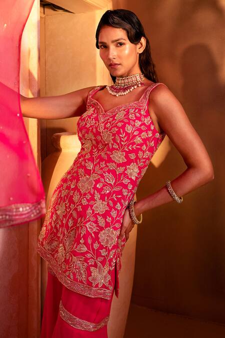 Buy_Maisolos_Pink Georgette Bahar Sweetheart Neck Embroidered Kurta Sharara Set _Online_at_Aza_Fashions