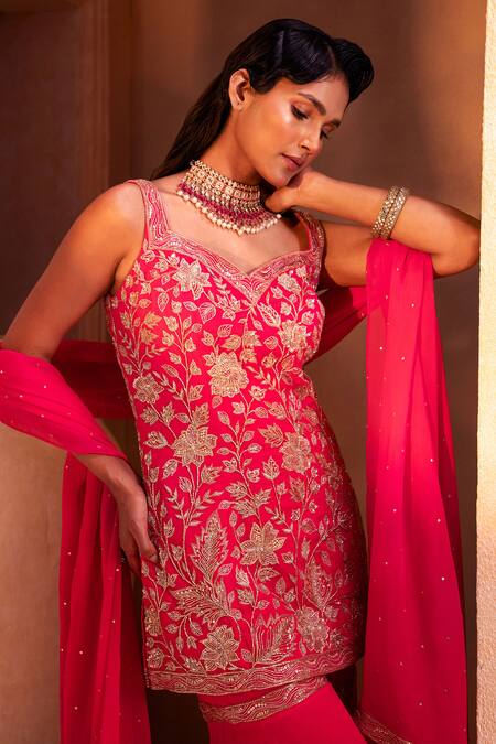 Maisolos_Pink Georgette Bahar Sweetheart Neck Embroidered Kurta Sharara Set _at_Aza_Fashions