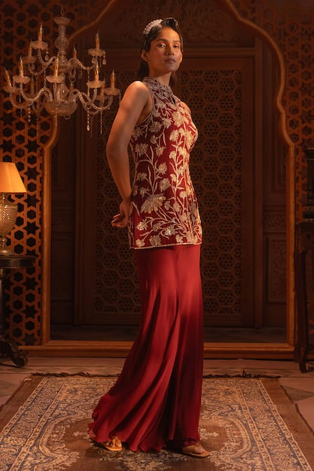 Buy_Maisolos_Maroon Net, Georgette Gulshan Mandarin Collar Embroidered Kurta With Sharara _Online_at_Aza_Fashions