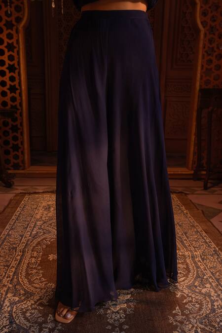 Maisolos_Blue Georgette Bahara Round Collar Embroidered Kurta Sharara Set _Online_at_Aza_Fashions