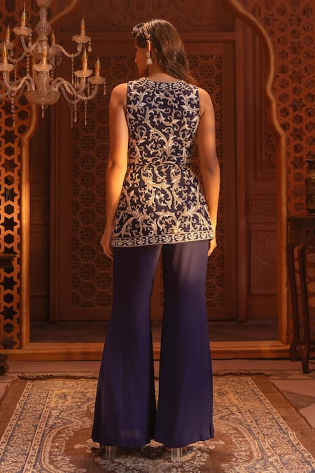 Shop Maisolos Blue Georgette Embroidery Round Neck Bahara Jacket And Sharara Set at Aza Fashions Shop_Maisolos_Blue Georgette Embroidery Round Neck Bahara Jacket And Sharara Set _at_Aza_Fashions