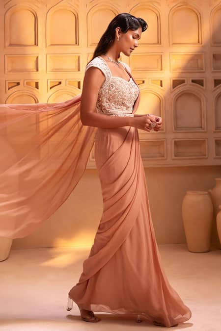 Maisolos_Brown Net, Georgette Embroidery Collared Phool Pre-draped Saree Set _Online_at_Aza_Fashions