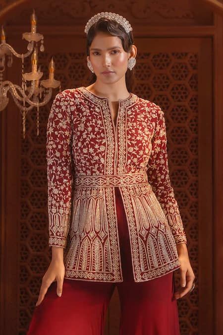 Buy_Maisolos_Maroon Georgette Bahara Bloom Split V Neck Embroidered Jacket With Sharara _Online_at_Aza_Fashions