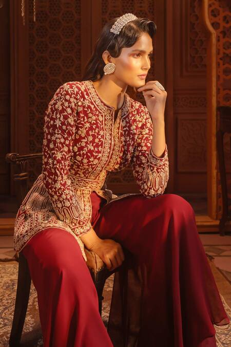 Shop_Maisolos_Maroon Georgette Bahara Bloom Split V Neck Embroidered Jacket With Sharara _Online_at_Aza_Fashions