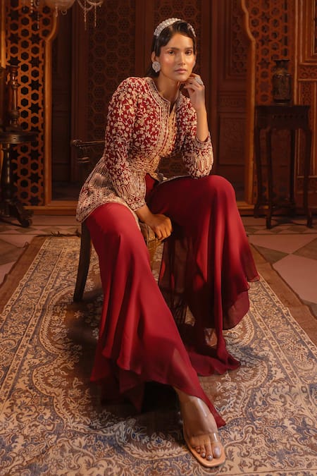 Maisolos_Maroon Georgette Bahara Bloom Split V Neck Embroidered Jacket With Sharara _at_Aza_Fashions