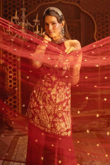Buy_Maisolos_Maroon Net, Georgette Gulbahar Halter Neck Embroidered Kurta Sharara Set _Online_at_Aza_Fashions
