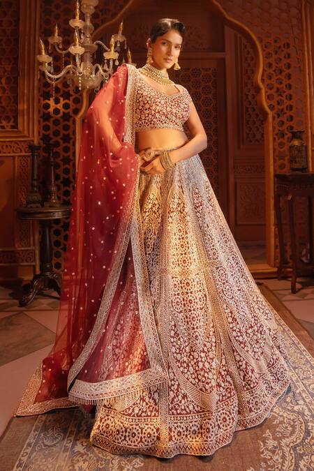 Shop Maisolos Maroon Net Bahara Leaf Neck Embroidered Bridal Lehenga Set Online at Aza Fashions Shop_Maisolos_Maroon Net Bahara Leaf Neck Embroidered Bridal Lehenga Set _Online_at_Aza_Fashions