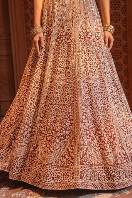 Buy Maisolos Maroon Net Bahara Leaf Neck Embroidered Bridal Lehenga Set Buy_Maisolos_Maroon Net Bahara Leaf Neck Embroidered Bridal Lehenga Set