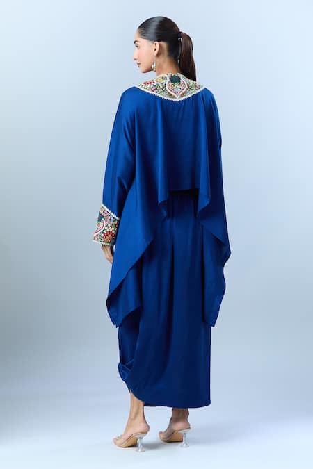 Shop Anamika Khanna Blue Cotton Beads, Embroidery Round Floral Asymmetric Tunic And Draped Skirt Set at Aza Fashions Shop_Anamika Khanna_Blue Cotton Beads, Embroidery Round Floral Asymmetric Tunic And Draped Skirt Set _at_Aza_Fashions