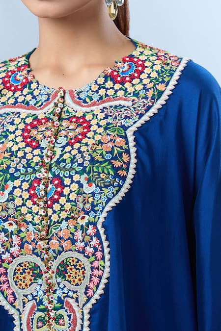 Anamika Khanna Blue Cotton Beads, Embroidery Round Floral Asymmetric Tunic And Draped Skirt Set Online at Aza Fashions Anamika Khanna_Blue Cotton Beads, Embroidery Round Floral Asymmetric Tunic And Draped Skirt Set _Online_at_Aza_Fashions