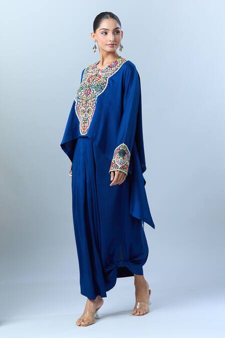 Shop Anamika Khanna Blue Cotton Beads, Embroidery Round Floral Asymmetric Tunic And Draped Skirt Set Online at Aza Fashions Shop_Anamika Khanna_Blue Cotton Beads, Embroidery Round Floral Asymmetric Tunic And Draped Skirt Set _Online_at_Aza_Fashions