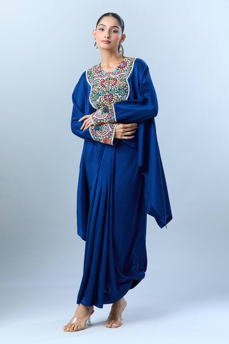Anamika Khanna Blue Cotton Beads, Embroidery Round Floral Asymmetric Tunic And Draped Skirt Set at Aza Fashions Anamika Khanna_Blue Cotton Beads, Embroidery Round Floral Asymmetric Tunic And Draped Skirt Set _at_Aza_Fashions