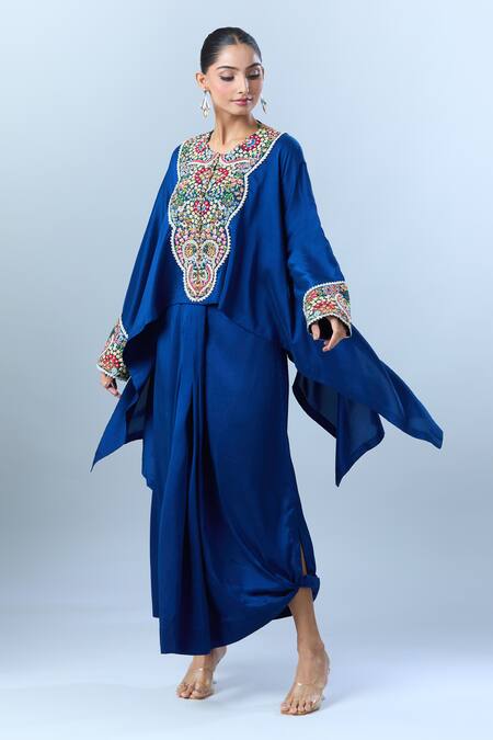 Buy Anamika Khanna Blue Cotton Beads, Embroidery Round Floral Asymmetric Tunic And Draped Skirt Set Buy_Anamika Khanna_Blue Cotton Beads, Embroidery Round Floral Asymmetric Tunic And Draped Skirt Set
