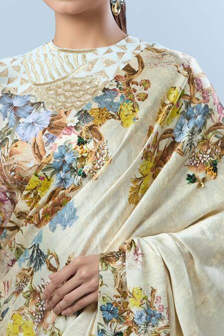Anamika Khanna Beige Floral, Sequin, Tassel, Bead Round Print Saree With Blouse Online at Aza Fashions Anamika Khanna_Beige Floral, Sequin, Tassel, Bead Round Print Saree With Blouse _Online_at_Aza_Fashions